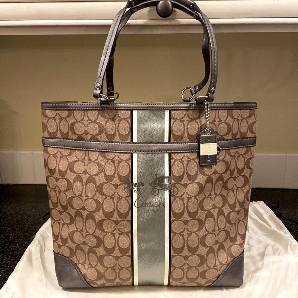 COACH Lg Heritage Stripe signature vinyl & metallic leather trim tote. #F12354
